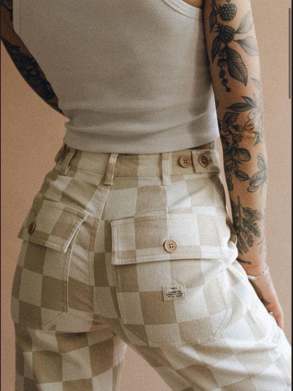 Straight Leg Checkered Pants in Beige